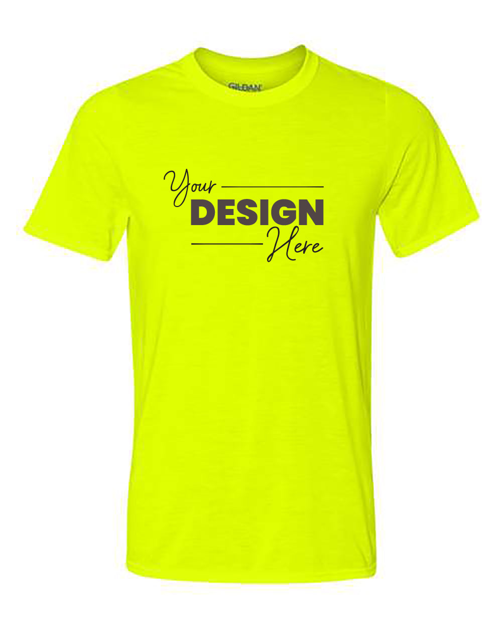 A Gildan Performance Safety T-Shirt in bright yellow, featuring moisture-wicking fabric and the text "Your Design Here" printed in black letters on the front.