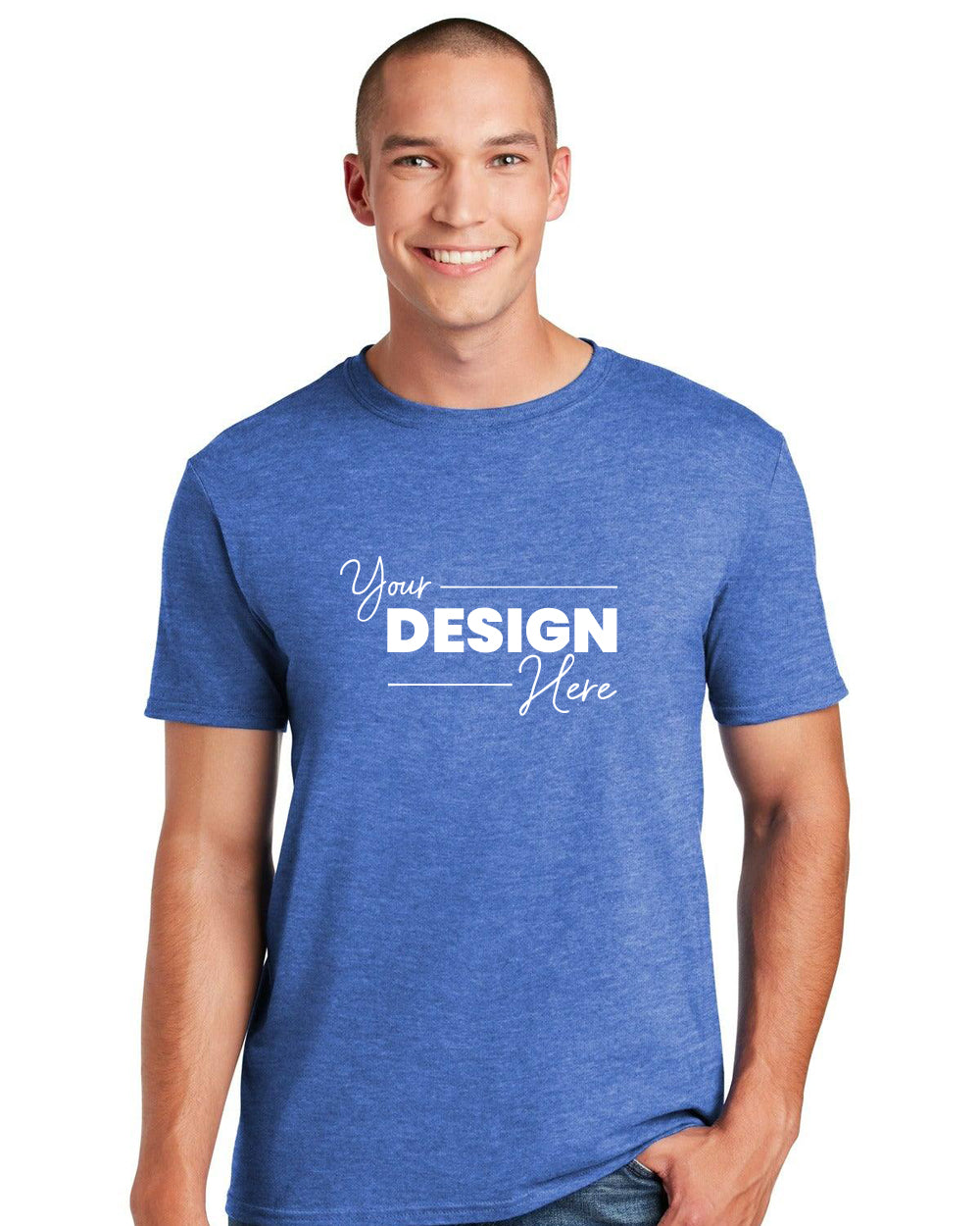 A man in a Gildan Softstyle T-Shirt 64000 by Gildan, featuring a stylish blue design crafted from soft, ring-spun cotton with "Your Design Here," stands against a white background. The modern classic fit and tearaway label enhance its versatile appeal.