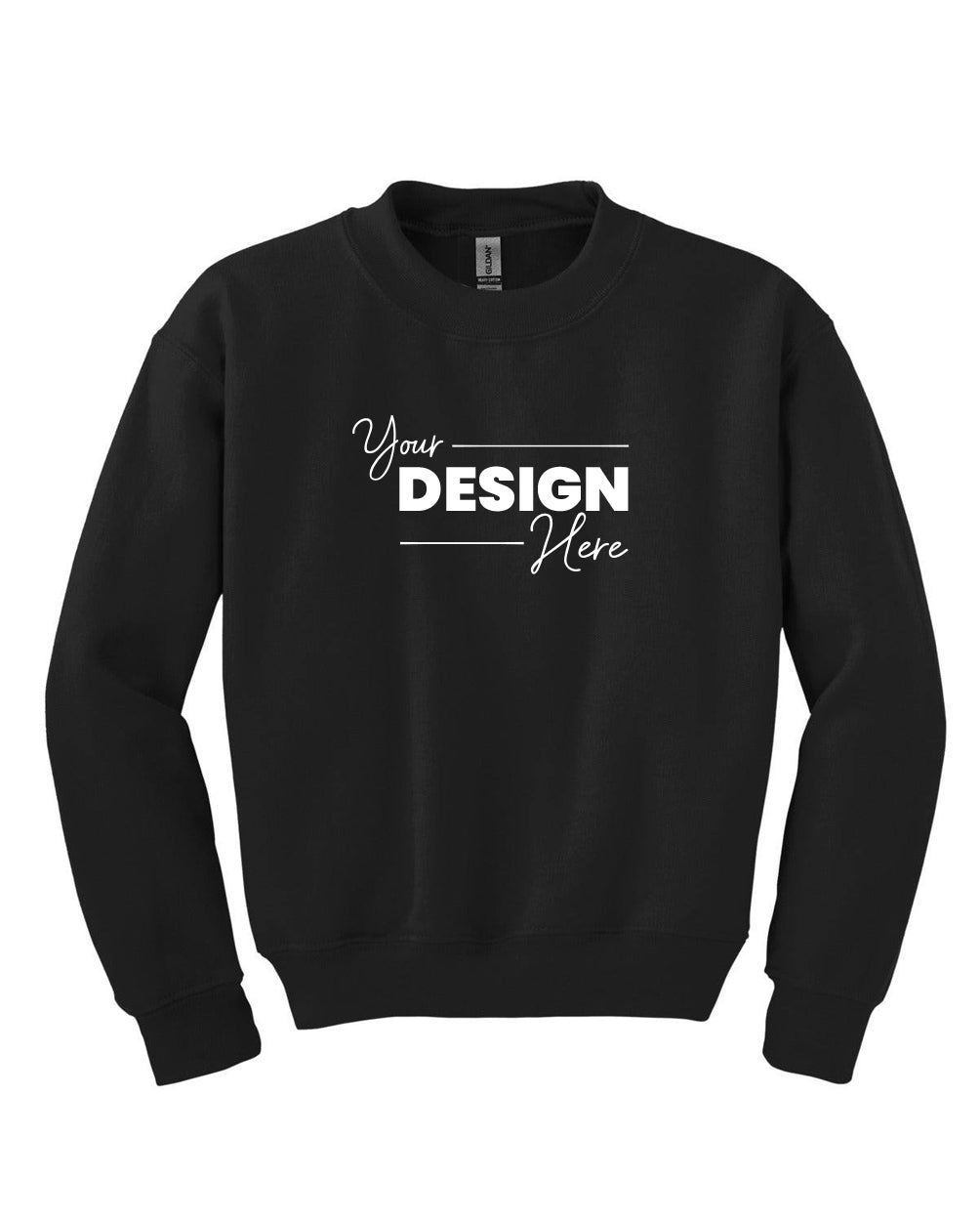 This Gildan Youth Heavy Blend Crewneck Sweatshirt 18000B is a black sweatshirt featuring "Your Design Here" printed in white on the front. Crafted from a cozy 50/50 cotton/polyester blend, it is ideal for bulk customized orders.