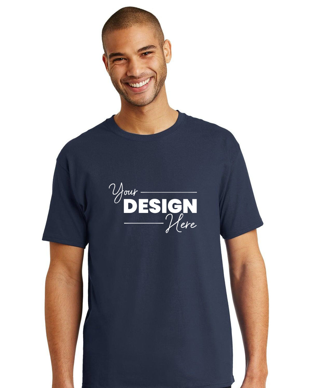 A man wearing a navy blue Hanes Authentic 100% Cotton T-Shirt 5250 with "Your Design Here" printed in white on the front.