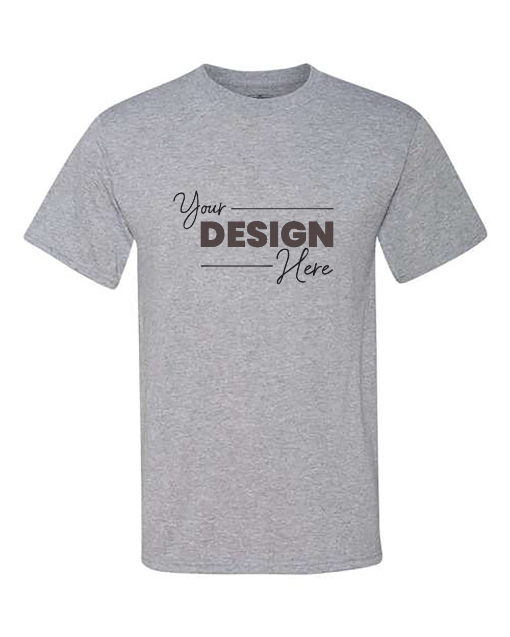 Gray Jerzees Dri-Power Performance Short Sleeve T-Shirt with the text "Your Design Here" printed on the front in a combination of cursive and bold fonts. This customized JERZEES T-shirt features Dri-Power technology for enhanced moisture-wicking comfort.