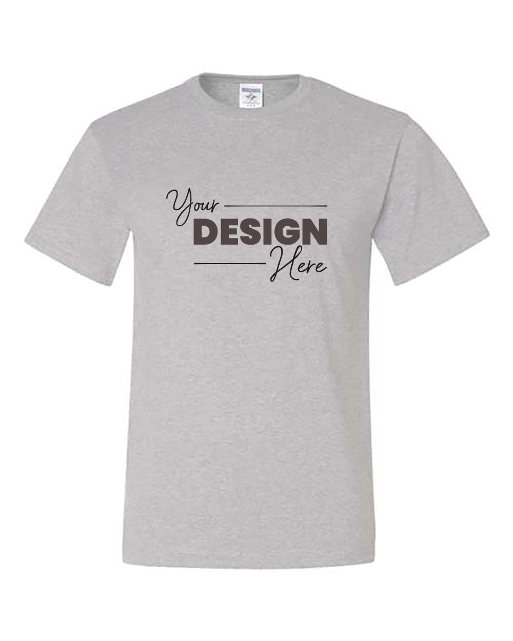 Gray Jerzees Midweight Dri-Power 50/50 T-Shirt with the text "Your Design Here" printed in black on the front.