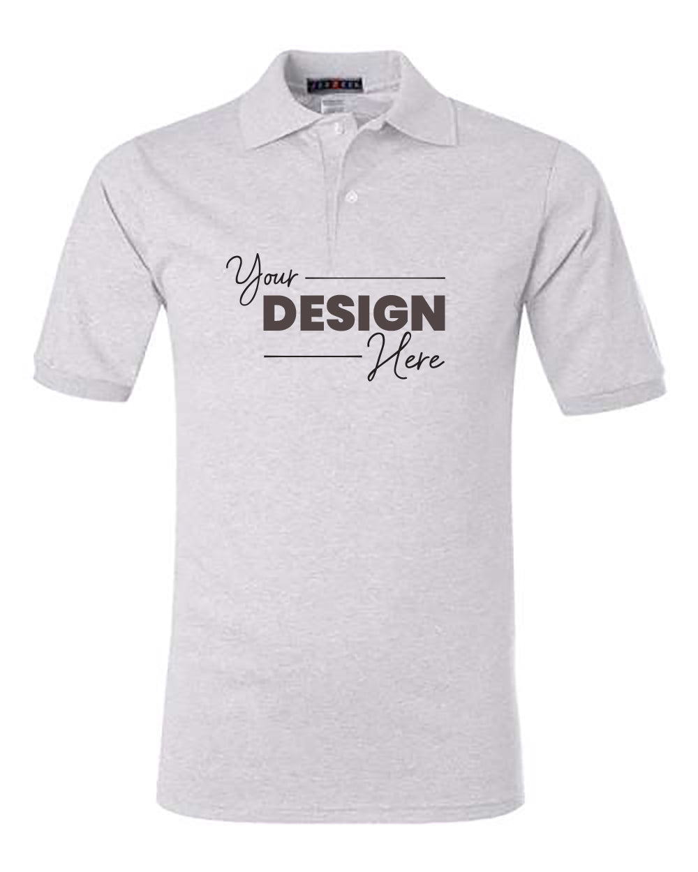 A light grey JERZEES Jerzees Midweight Polo Cotton Poly Blend SpotShield 50/50 with short sleeves and a collar. The shirt features the phrase "Your Design Here" printed in black text across the chest, enhanced with SpotShield technology.