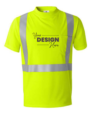 The Kishigo High Performance Microfiber Safety T-Shirt by Kishigo is a bright yellow high-visibility safety apparel with reflective stripes and a pocket on the left side of the chest, featuring "Your Design Here" printed on the front. This ANSI 107 compliant shirt includes moisture-wicking technology to keep you cool and dry.