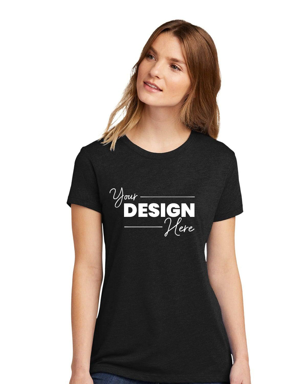 A person is wearing a black Next Level Apparel Women's CVC T-Shirt (NL6610) featuring "Your Design Here" in white, made from soft combed ring-spun cotton.