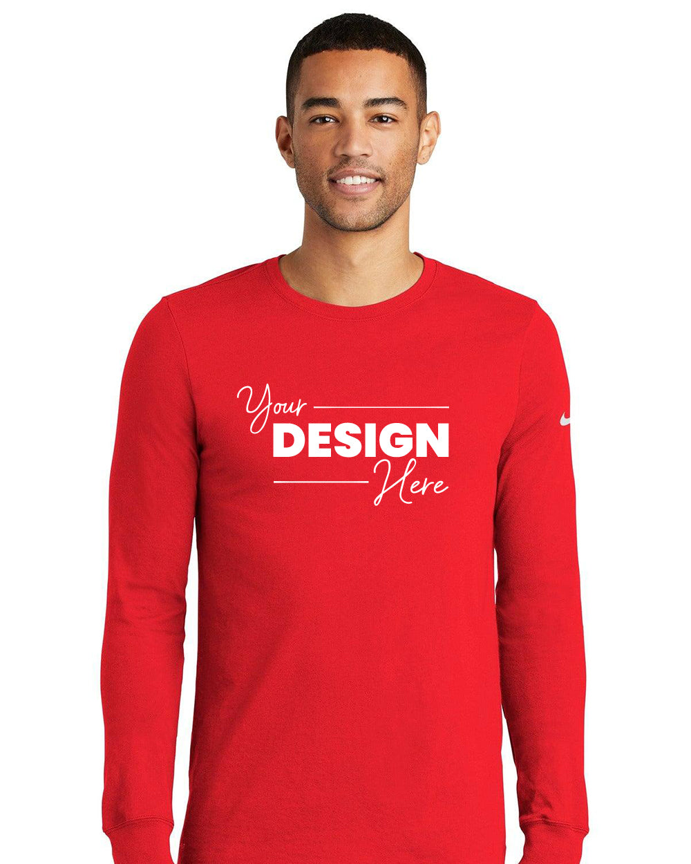 A man wears a red Nike Dri-FIT Cotton/Poly Long Sleeve Polo (NKBQ5230) featuring "Your Design Here" in white on the front, made from moisture-wicking fabric for all-day comfort.