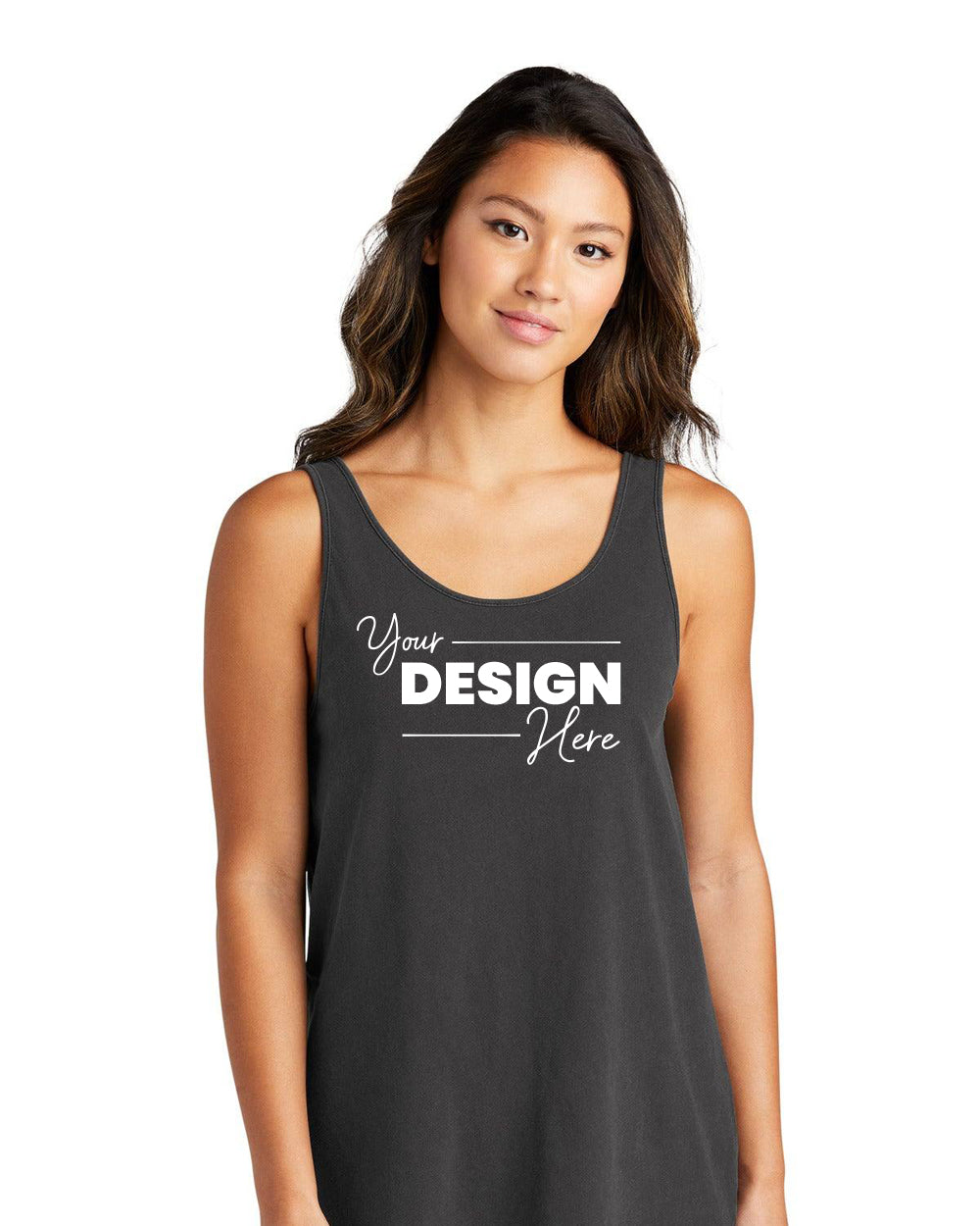 A woman wears a Port & Company Ladies Beach Wash Garment-Dyed Tank Top LPC099TT featuring "Your Design Here" on the front.