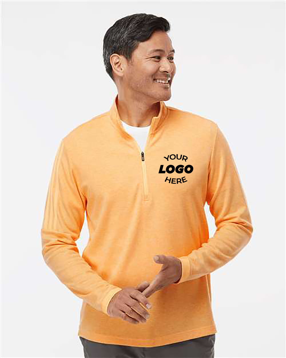 A man in an Adidas 3-Stripes quarter-zip sweatshirt with moisture management technology.