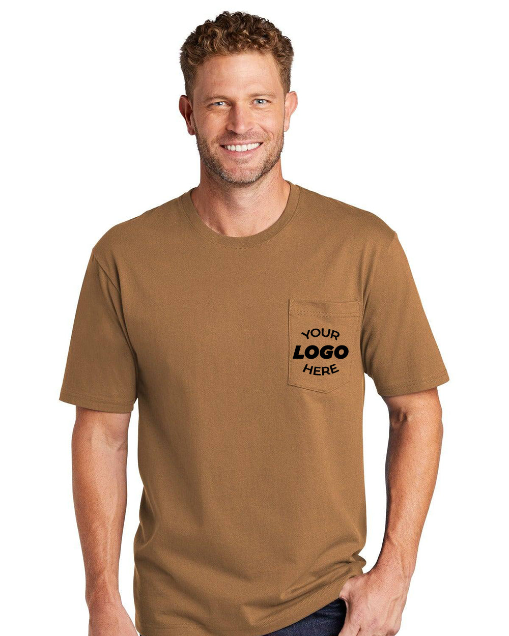 A man wears the CornerStone Workwear Pocket T-Shirt CS430, a heavyweight cotton tee in brown featuring a workwear pocket that highlights the text "Your Logo Here.