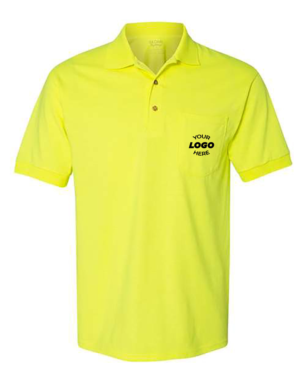 The Gildan DryBlend Jersey Pocket Safety Polo by Gildan is a short-sleeve, bright yellow polo with a collar and left-side pocket featuring "Your Logo Here" in black, ideal for bulk custom embroidery orders.