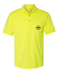 The Gildan DryBlend Jersey Pocket Safety Polo by Gildan is a short-sleeve, bright yellow polo with a collar and left-side pocket featuring "Your Logo Here" in black, ideal for bulk custom embroidery orders.