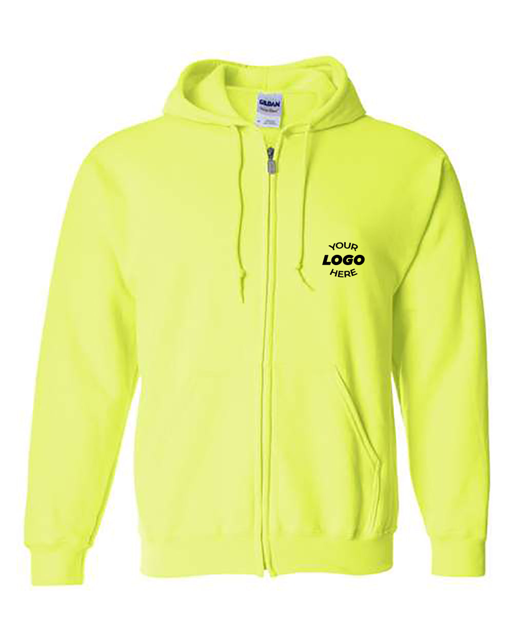 A vibrant yellow Gildan Heavy Blend Full-Zip Hoodie Safety Sweatshirt, featuring a hood, two front pockets, and customizable "Your Logo Here" text on the left chest. Ideal for personalization, this stylish and comfortable hoodie from Gildan combines both fashion and coziness.