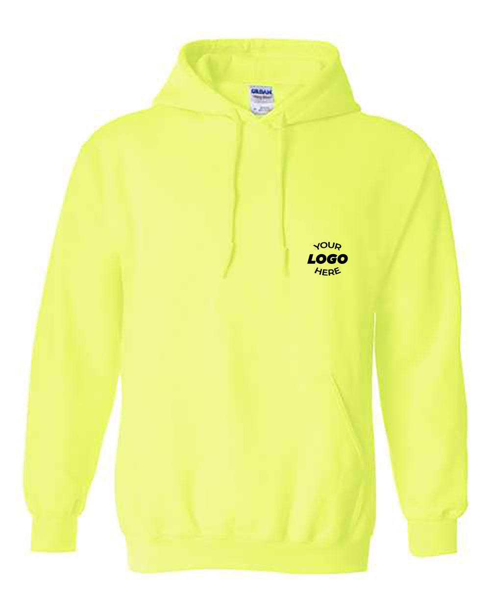 Neon yellow Gildan Heavy Blend Hoodie Safety Sweatshirt featuring "YOUR LOGO HERE" text printed on the left chest area.