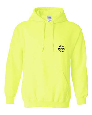 Neon yellow Gildan Heavy Blend Hoodie Safety Sweatshirt featuring "YOUR LOGO HERE" text printed on the left chest area.