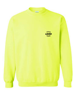 Bright yellow Gildan Heavy Blend Safety Crewneck Sweatshirt featuring "Your Logo Here" text on the left chest area.