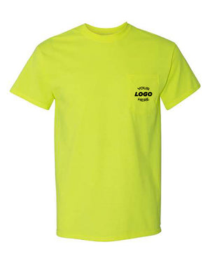 A Gildan Heavy Cotton Pocket T-Shirt Safety in plain yellow, featuring the text "YOUR LOGO HERE" on the front pocket. Ideal for those seeking Bulk Customized T-Shirts, this Gildan tee ensures both comfort and quality.
