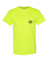 A bright yellow Gildan Heavy Cotton Safety T-Shirt with a classic fit features a small placeholder text on the chest area that reads "Your Logo Here" in black font.