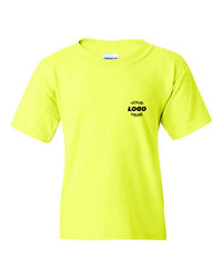 Neon yellow Gildan Heavy Cotton Youth Safety T-Shirt with "Your Logo Here" printed in black on the upper left chest area. Crafted from premium materials, this shirt is perfect for bulk customized T-shirt orders.