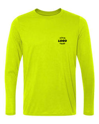 A long-sleeve, bright green Gildan Performance Long Sleeve Safety T-Shirt with "Your Logo Here" printed in black on the left chest area. This customizable t-shirt is made from moisture-wicking fabric for added comfort and performance.
