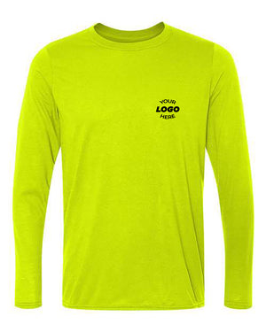 A long-sleeve, bright green Gildan Performance Long Sleeve Safety T-Shirt with "Your Logo Here" printed in black on the left chest area. This customizable t-shirt is made from moisture-wicking fabric for added comfort and performance.