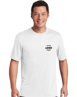 A man wearing a Hanes Cool Dri Performance T-Shirt 4820 with "Your Logo Here" printed on the left chest. Crafted from lightweight fabric for ultimate comfort, this customized Hanes t-shirt combines everyday style and practicality.