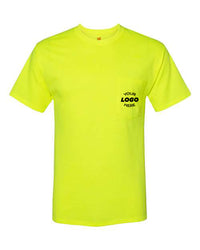 Bright yellow Hanes Workwear Pocket Safety T-Shirt with "Your Logo Here" printed on the left chest pocket area.