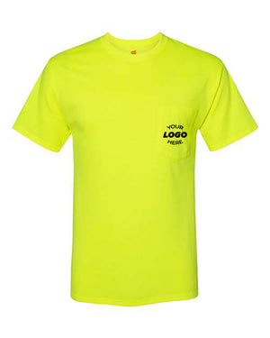 Bright yellow Hanes Workwear Pocket Safety T-Shirt with "Your Logo Here" printed on the left chest pocket area.