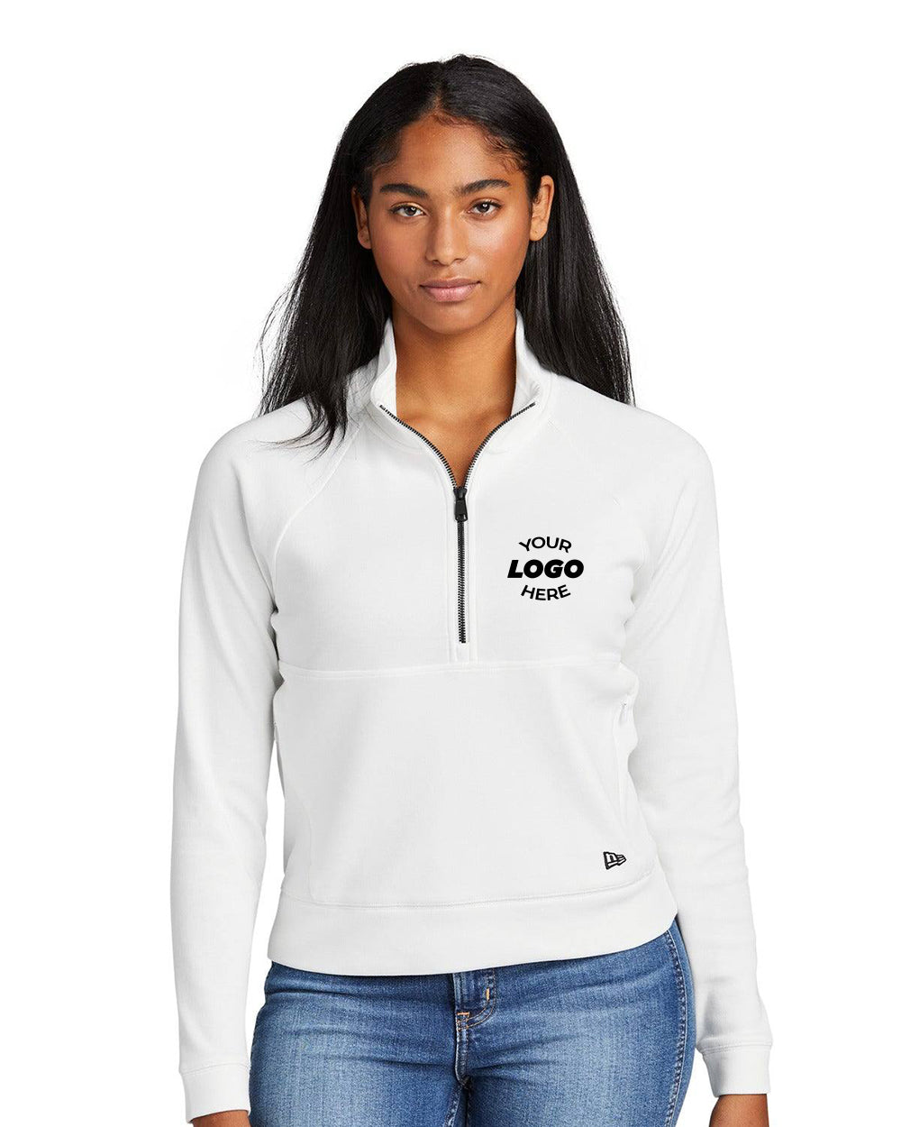 A woman wears the New Era Ladies STS 1/2-Zip Pullover LNEA541, featuring "Your Logo Here" on the left chest and made from soft double knit jacquard, posing against a plain background.