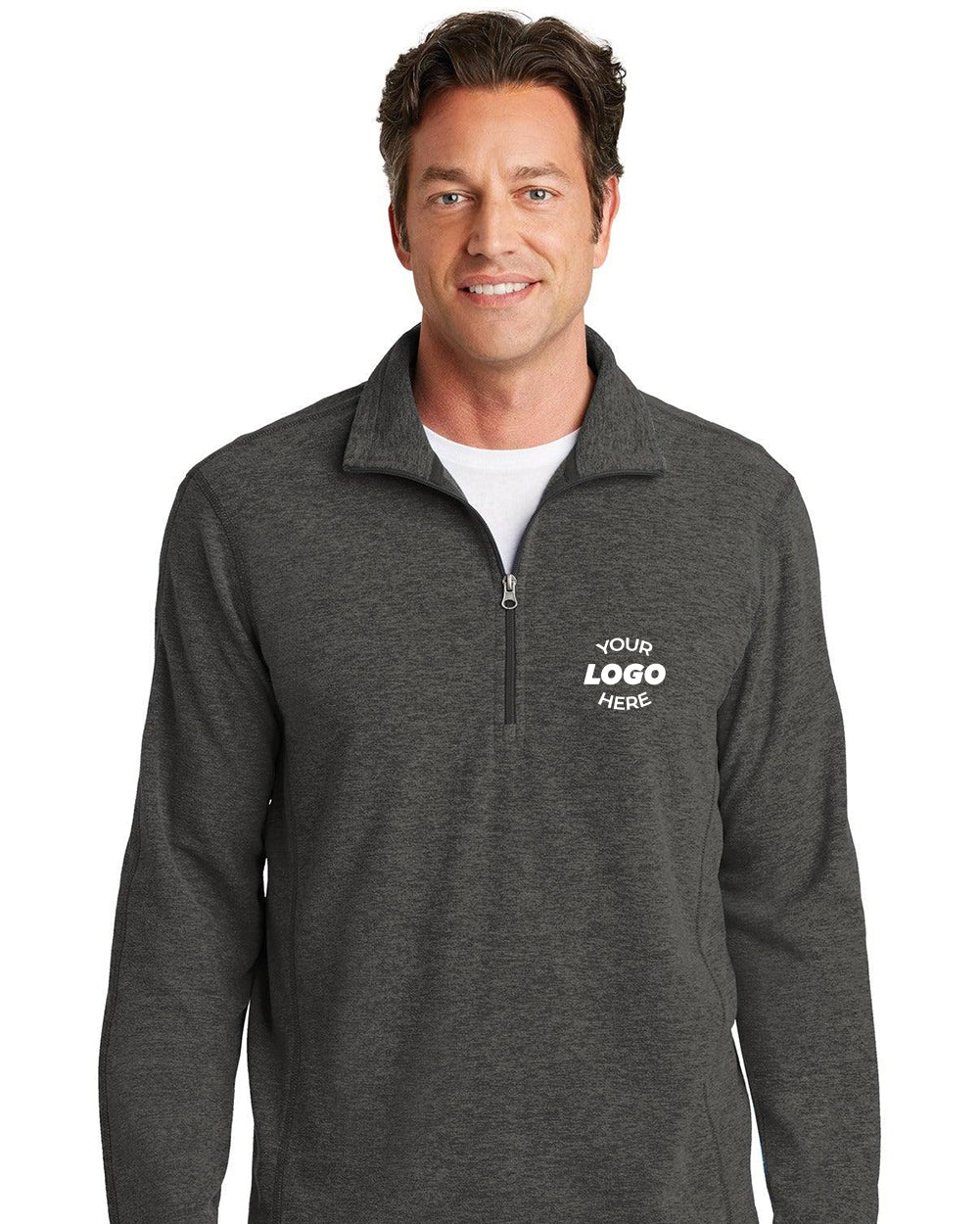 Someone wearing a Port Authority Heather Microfleece 1/2-Zip Pullover F234 in charcoal gray heather with space for logo customization labeled "Your Logo Here.