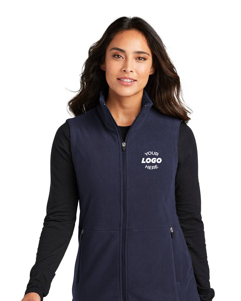Sport a professional look by layering the customizable Port Authority Ladies Accord Microfleece Vest L152 in navy blue over a sleek black long-sleeve shirt. This branded vest, featuring "Your Logo Here" on the chest, adds elegance to any wardrobe.