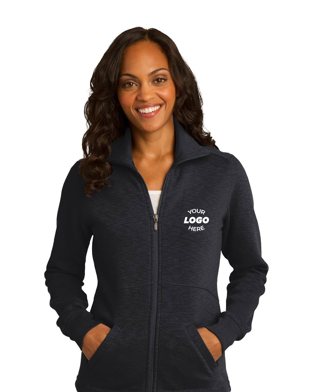 A woman stands against a white background wearing the Port Authority Ladies Slub Fleece Full-Zip Jacket L293 with hands in pockets and a "Your Logo Here" design on the left chest.