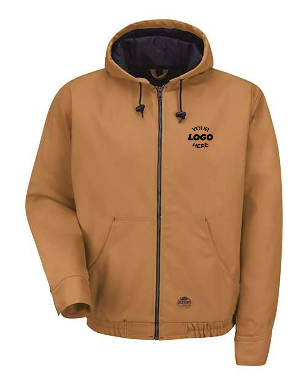 The Red Kap Blended Duck Zip-Front Hooded Jacket, offered by Red Kap, is a tan jacket made from durable blended duck fabric. It features two large pockets, drawstrings, and a space on the chest perfect for adding a logo.
