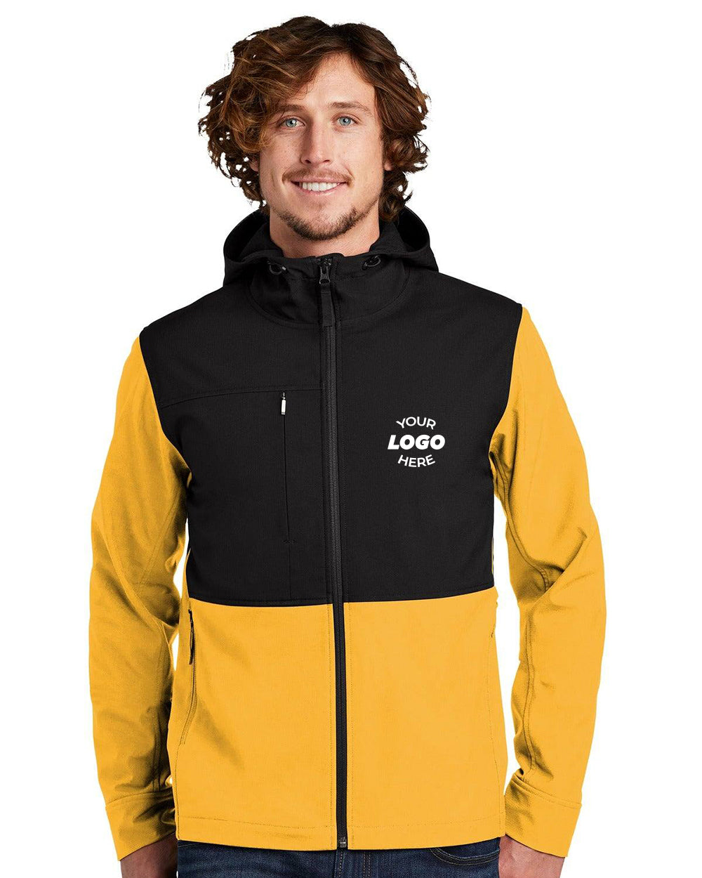 A man dons The North Face Castle Rock Hooded Soft Shell Jacket in yellow and black, made with WindWall polyester for a sleek feel. The chest displays a "Your Logo Here" design, offering durable water-repellent protection and an adjustable hood for added coverage.