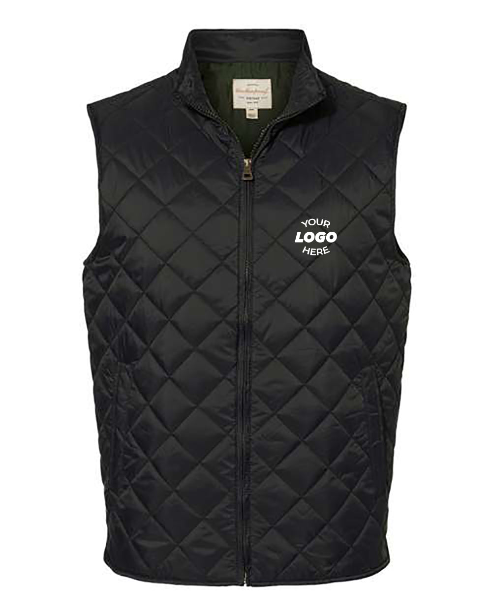 A black Weatherproof Vintage Diamond Quilted Vest with a full front zipper and collar, featuring a customizable "Your Logo Here" text on the left chest area. Ideal for adding a personal touch, this Weatherproof vest combines style and functionality seamlessly.