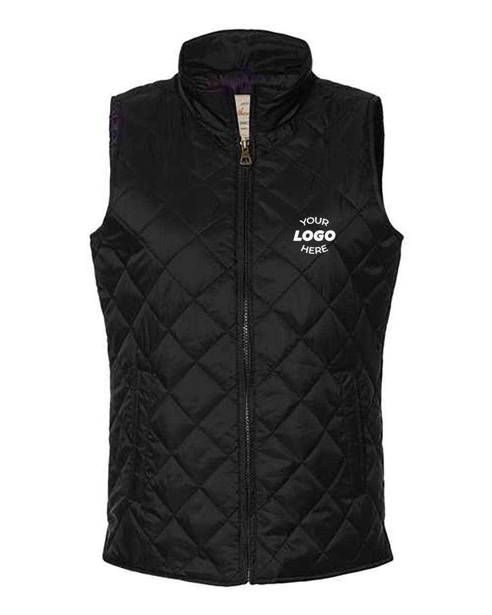 The Weatherproof Women's Vintage Diamond Quilted Vest in black features a front zipper and "Your Logo Here" text on the left chest area, offering a professional and unified appearance for any team. Ideal for bulk customized orders, this weatherproof vest merges style with functionality.