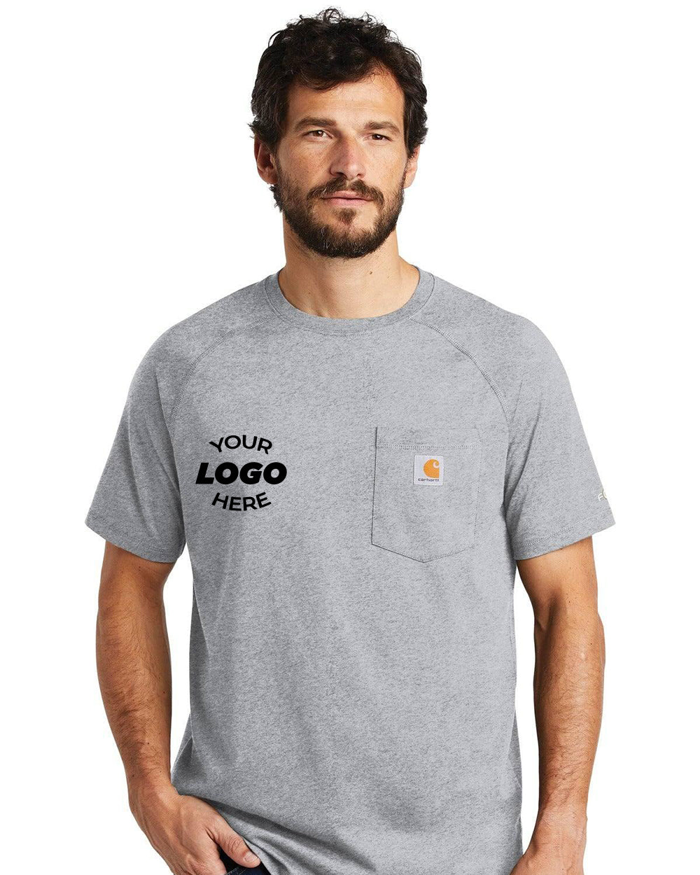A man wears a gray Carhartt Force Cotton Delmont Short Sleeve Pocket T-Shirt CT100410 with "YOUR LOGO HERE" and a small chest pocket. Featuring FastDry technology, this Carhartt shirt offers moisture-wicking comfort for any activity.