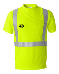 The Kishigo High Performance Microfiber Safety T-Shirt by Kishigo is a bright yellow, high-visibility safety shirt with gray reflective stripes and a front pocket that features a space labeled "Your Logo Here." Compliant with ANSI 107 standards, this apparel also boasts moisture-wicking technology for enhanced comfort.