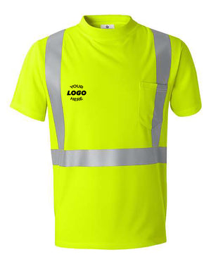 The Kishigo High Performance Microfiber Safety T-Shirt by Kishigo is a bright yellow, high-visibility safety shirt with gray reflective stripes and a front pocket that features a space labeled "Your Logo Here." Compliant with ANSI 107 standards, this apparel also boasts moisture-wicking technology for enhanced comfort.