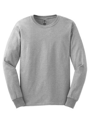 The Gildan 100% US Cotton Long Sleeve T-Shirt 2400 (Pack of 36) features custom screen-printed logos—high-quality shirts in gray, shown laid flat on a white background—ideal for bulk orders seeking comfort and style.