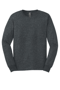 A (pack of 36) Gildan 2400 long sleeve crew neck shirts in dark gray, made from 100% US cotton, with custom screen printed logo, are laid flat on a white background.
