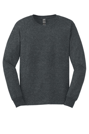 A (pack of 36) Gildan 2400 long sleeve crew neck shirts in dark gray, made from 100% US cotton, with custom screen printed logo, are laid flat on a white background.