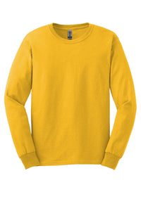 The Gildan 100% US Cotton Long Sleeve T-Shirt 2400 (Pack of 36) features a solid yellow, crew-neck design with custom screen printed logo included, shown on a white background.