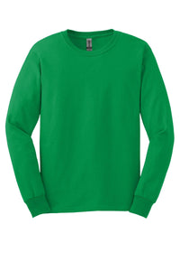 A plain green Gildan long sleeve t-shirt, made from 100% US cotton, shown flat on a white background. Comes in a pack of 36 with custom screen printed logo included.