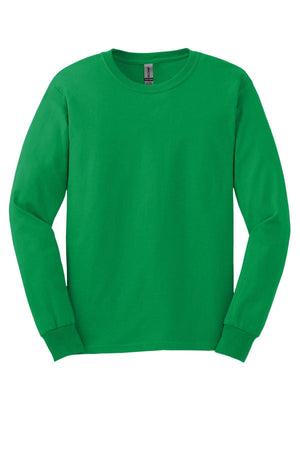 A plain green Gildan long sleeve t-shirt, made from 100% US cotton, shown flat on a white background. Comes in a pack of 36 with custom screen printed logo included.
