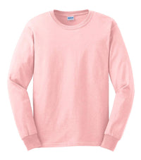 A light pink Gildan long-sleeve crew neck shirt, made from 100% US cotton, is shown on a white background. This is a pack of 36 Gildan 2400 shirts with custom screen printed logos included.