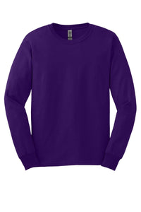 A pack of 36 Gildan 2400 long-sleeve crew neck shirts in solid purple, made from 100% US cotton, with custom screen printed logo, shown laid flat on a white background.