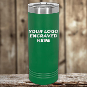 Green insulated Custom Logo 22 oz Skinny Tumbler with "custom logo engraved here" text on a wooden surface by Kodiak Coolers.