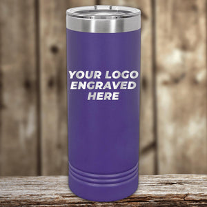 A purple insulated Custom Logo 22 oz Skinny Tumbler with "your custom logo here" text, placed on a wooden surface against a blurred background.