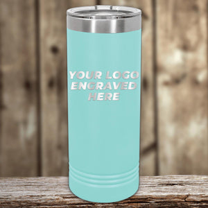 A light blue insulated Custom Logo 22 oz Skinny Tumbler with "your custom logo here" text, positioned on a wooden surface against a blurred background.