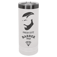 Introducing the NEW Kodiak Coolers ION Plated Tumbler, a white insulated drinkware piece customized with a barber shop logo featuring a bearded face silhouette and diamond icon, perfectly crafted for promotional gifts with its unique "Ghost Black & Rose Gold" engraving.